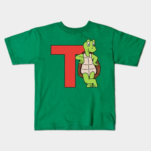 Letter T with Turtle/Tortoise Kids T-Shirt by BoombasticArt